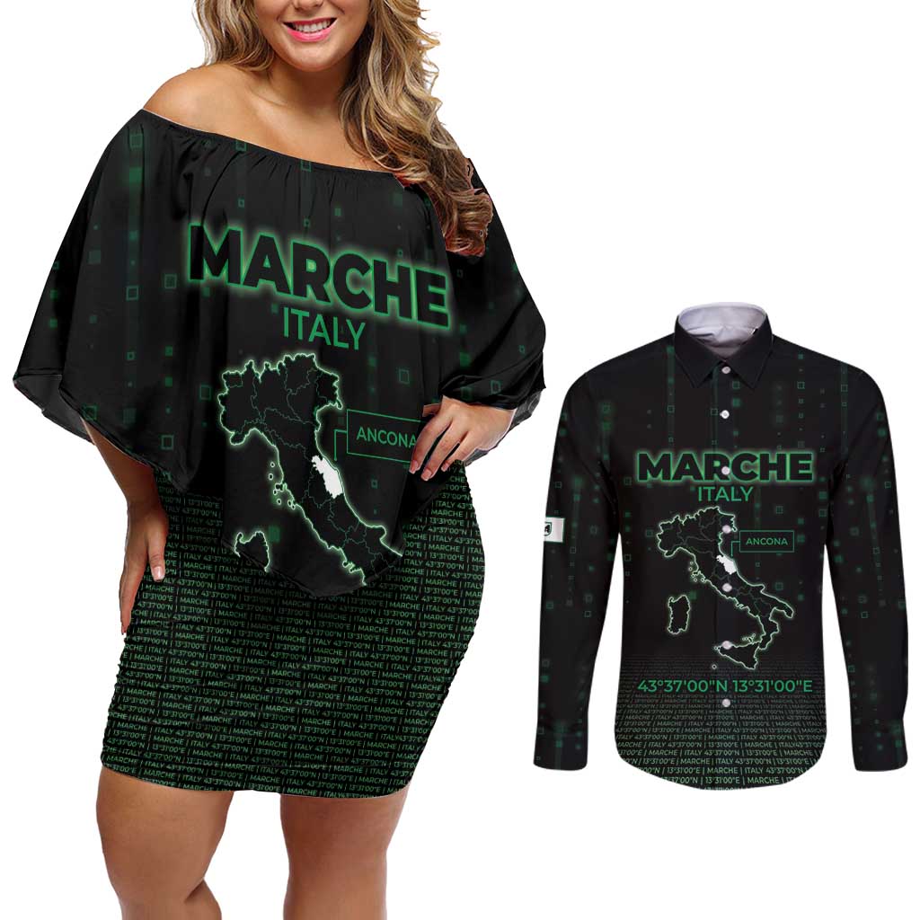 Personalized Italy Marche Couples Matching Off Shoulder Short Dress and Long Sleeve Button Shirt Map And Coordinates Code
