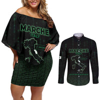 Personalized Italy Marche Couples Matching Off Shoulder Short Dress and Long Sleeve Button Shirt Map And Coordinates Code