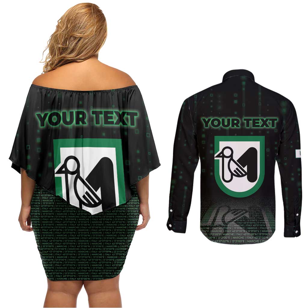 Personalized Italy Marche Couples Matching Off Shoulder Short Dress and Long Sleeve Button Shirt Map And Coordinates Code