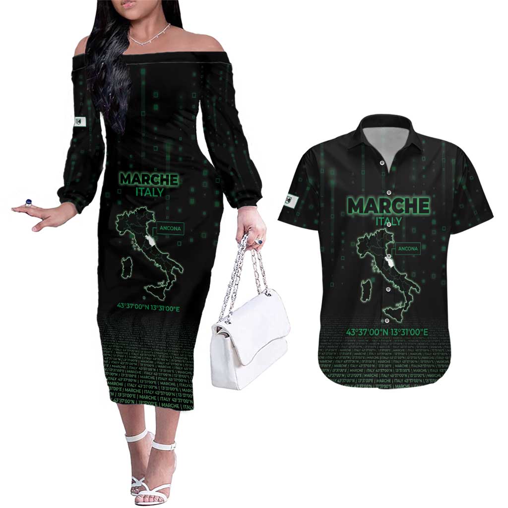 Personalized Italy Marche Couples Matching Off The Shoulder Long Sleeve Dress and Hawaiian Shirt Map And Coordinates Code