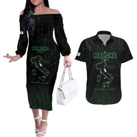 Personalized Italy Marche Couples Matching Off The Shoulder Long Sleeve Dress and Hawaiian Shirt Map And Coordinates Code