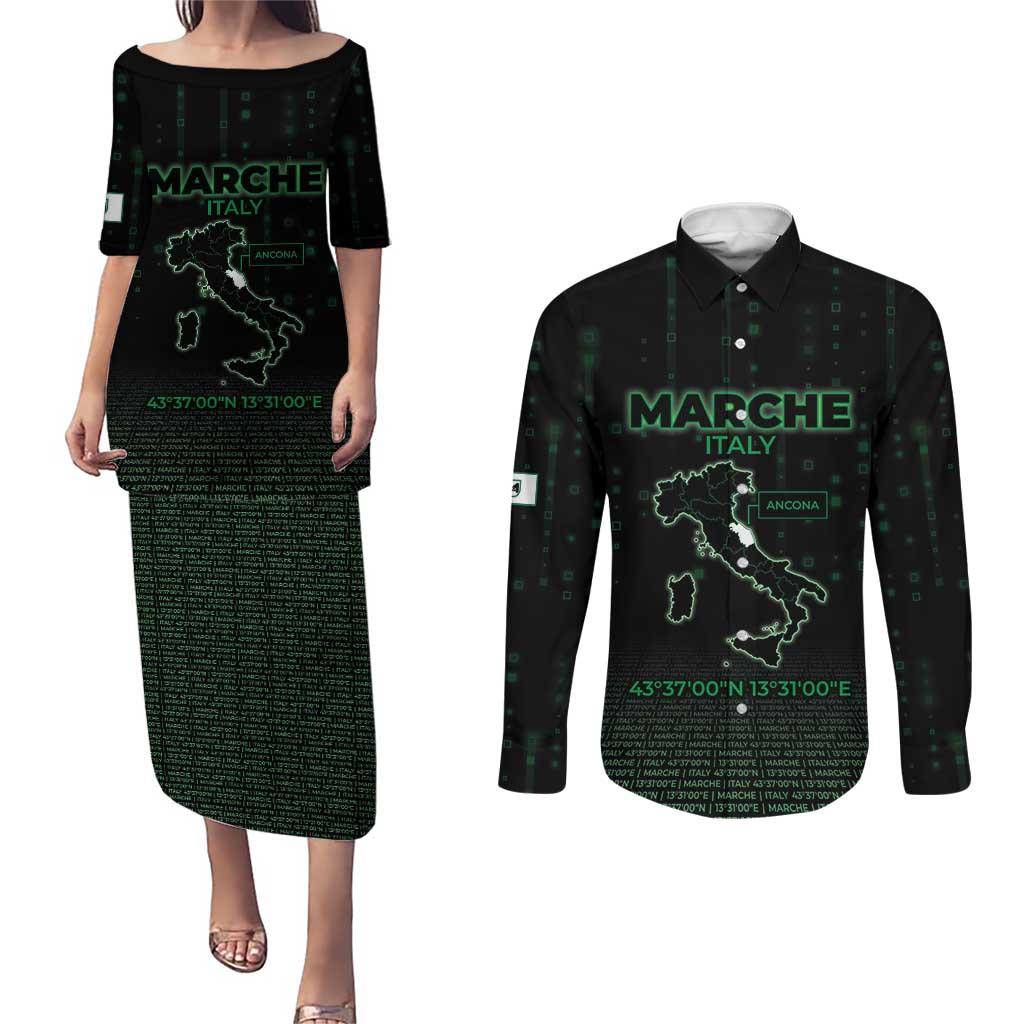 Personalized Italy Marche Couples Matching Puletasi and Long Sleeve Button Shirt Map And Coordinates Code