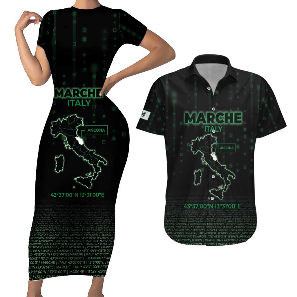 Personalized Italy Marche Couples Matching Short Sleeve Bodycon Dress and Hawaiian Shirt Map And Coordinates Code