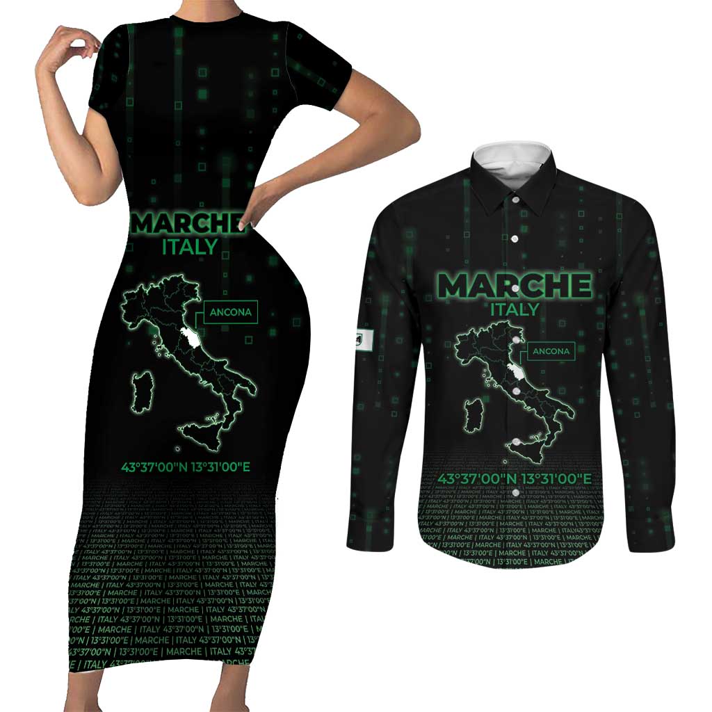 Personalized Italy Marche Couples Matching Short Sleeve Bodycon Dress and Long Sleeve Button Shirt Map And Coordinates Code