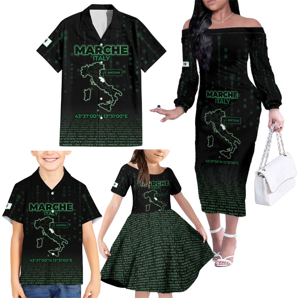 Personalized Italy Marche Family Matching Off The Shoulder Long Sleeve Dress and Hawaiian Shirt Map And Coordinates Code