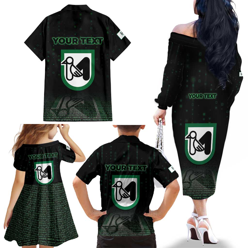Personalized Italy Marche Family Matching Off The Shoulder Long Sleeve Dress and Hawaiian Shirt Map And Coordinates Code