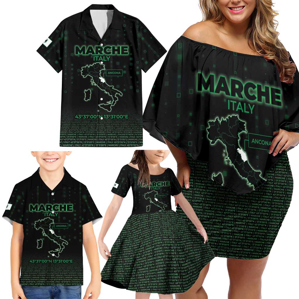 Personalized Italy Marche Family Matching Off Shoulder Short Dress and Hawaiian Shirt Map And Coordinates Code