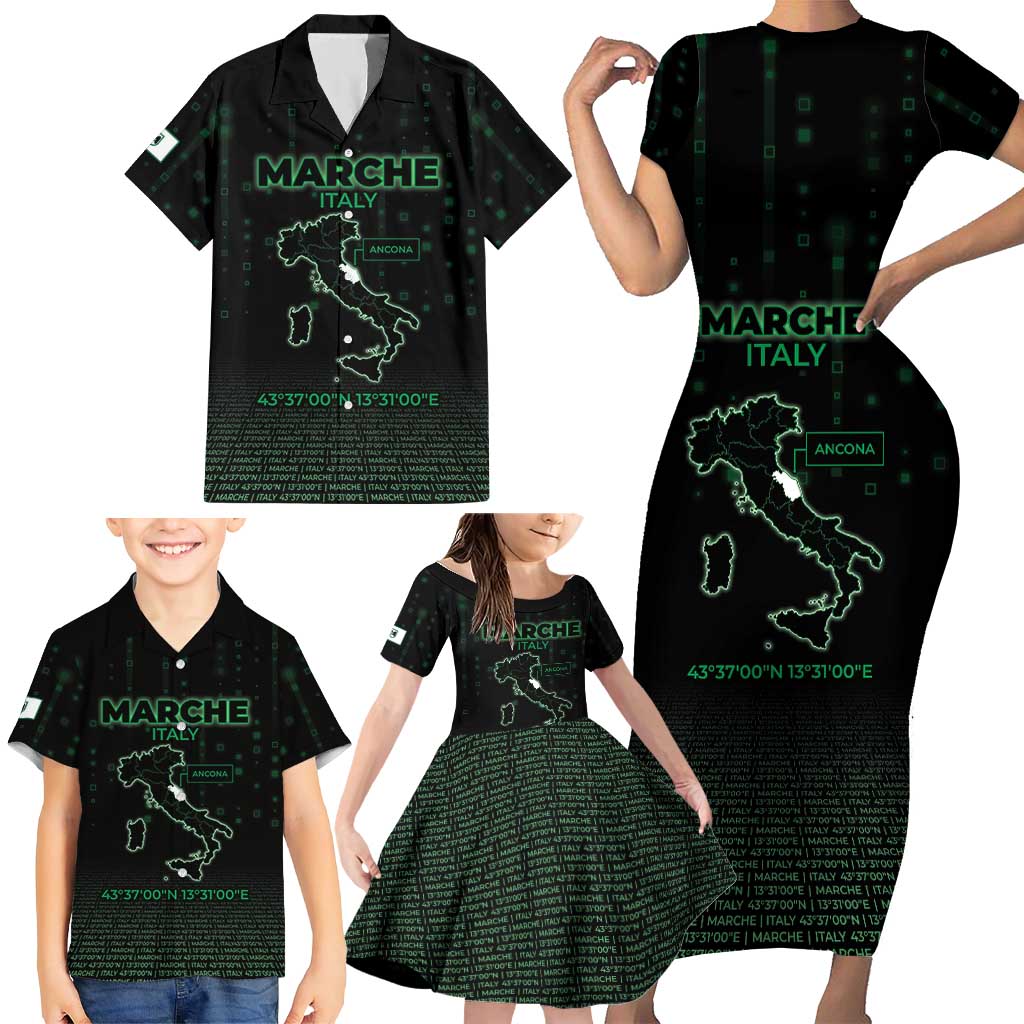 Personalized Italy Marche Family Matching Short Sleeve Bodycon Dress and Hawaiian Shirt Map And Coordinates Code