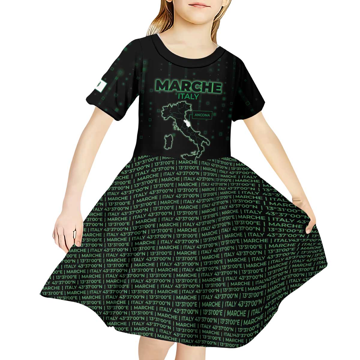 Personalized Italy Marche Kid Short Sleeve Dress Map And Coordinates Code