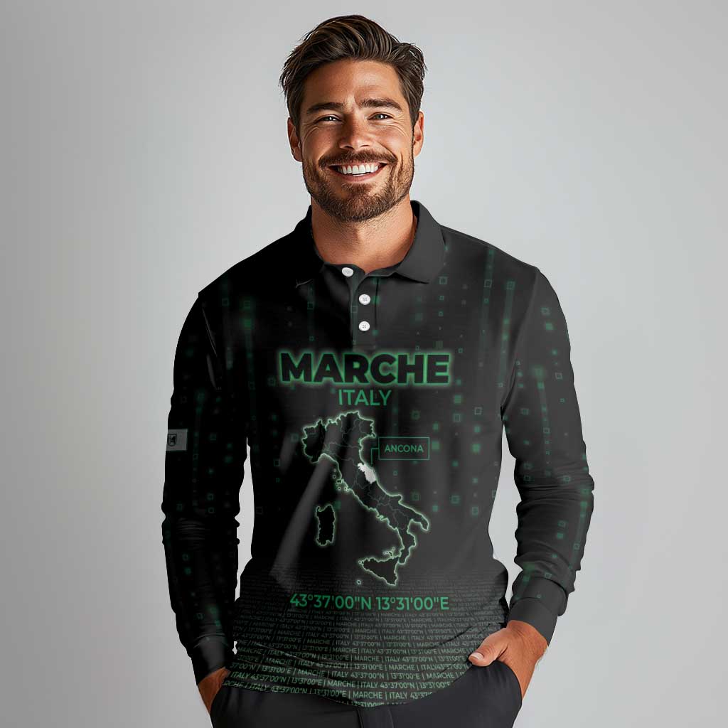 Personalized Italy Marche Long Sleeve Polo Shirt Map And Coordinates Code