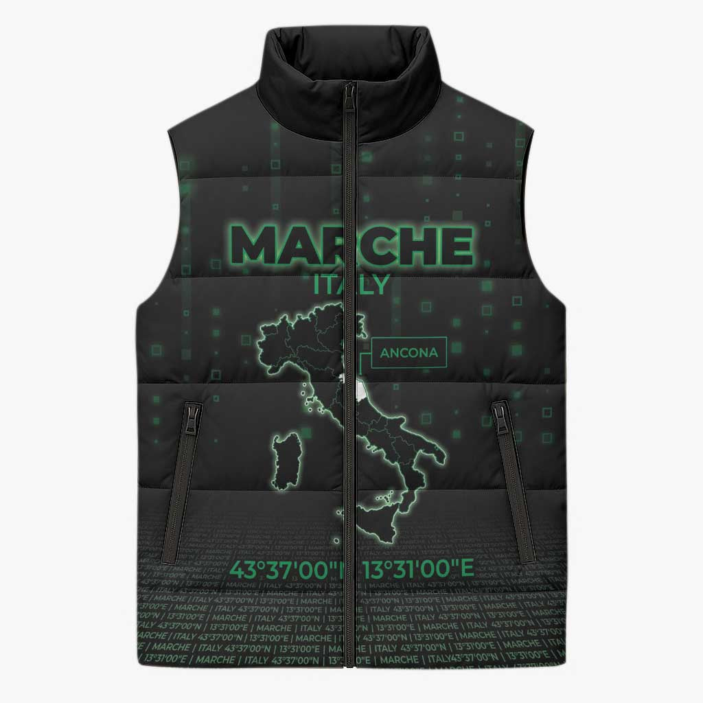Personalized Italy Marche Sleeveless Puffer Jacket Map And Coordinates Code