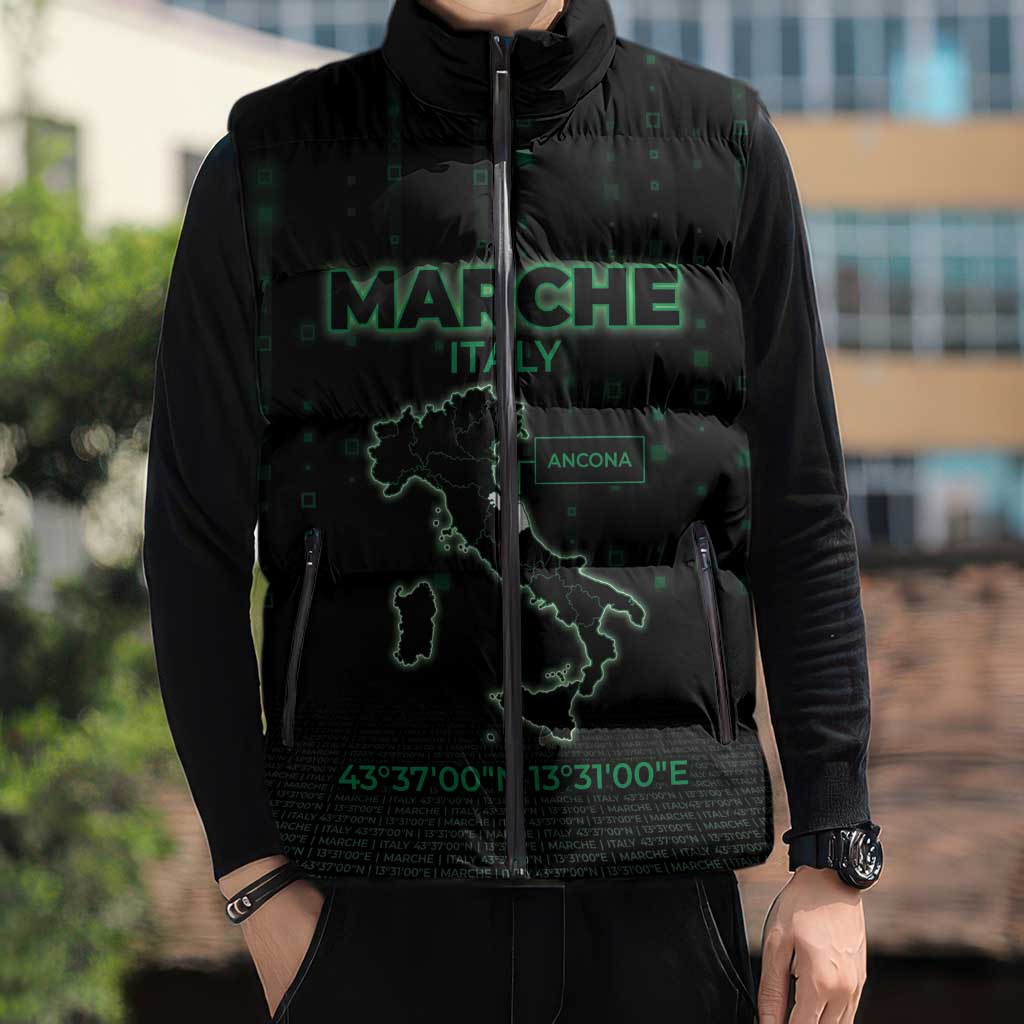 Personalized Italy Marche Sleeveless Puffer Jacket Map And Coordinates Code