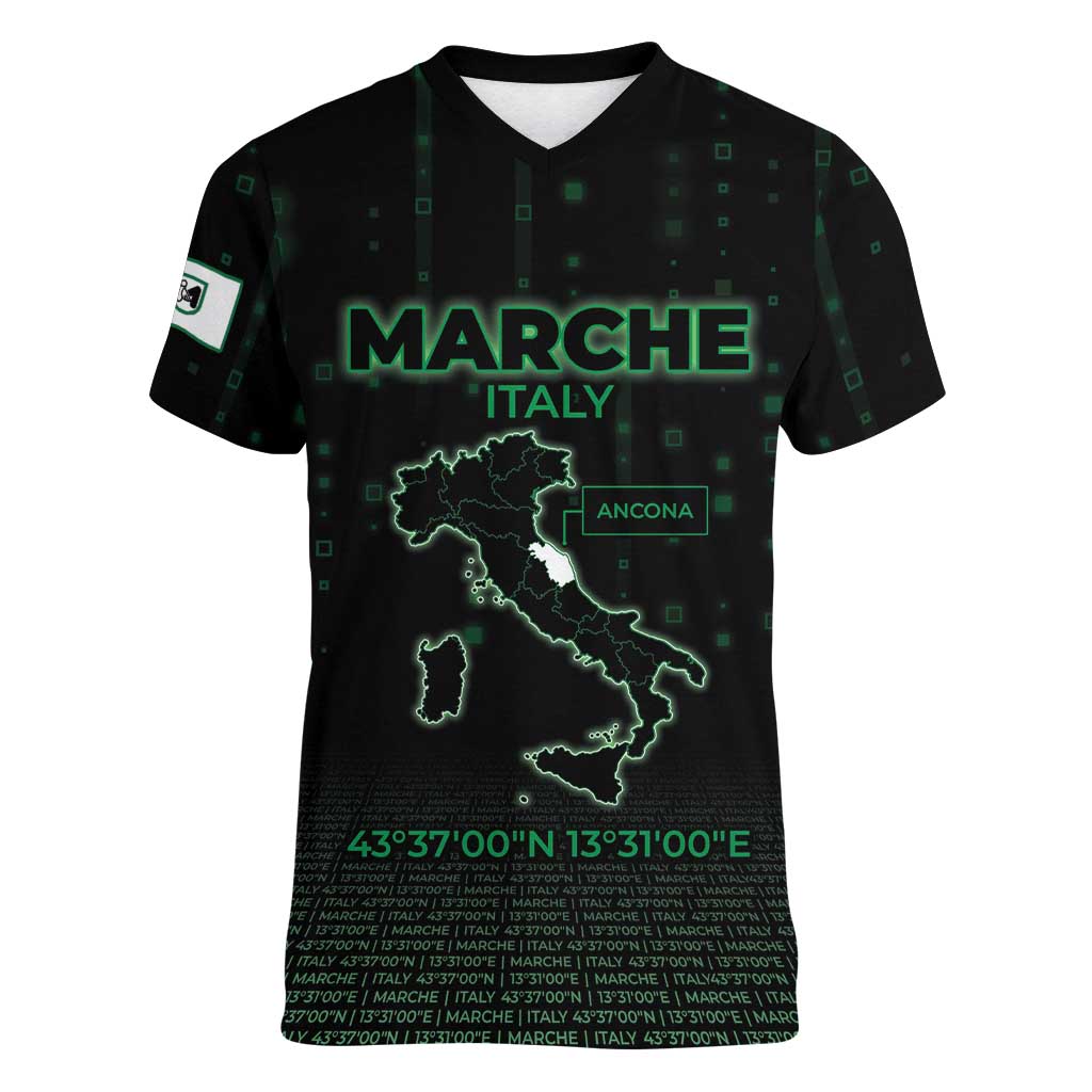 Personalized Italy Marche Women V-Neck T-Shirt Map And Coordinates Code