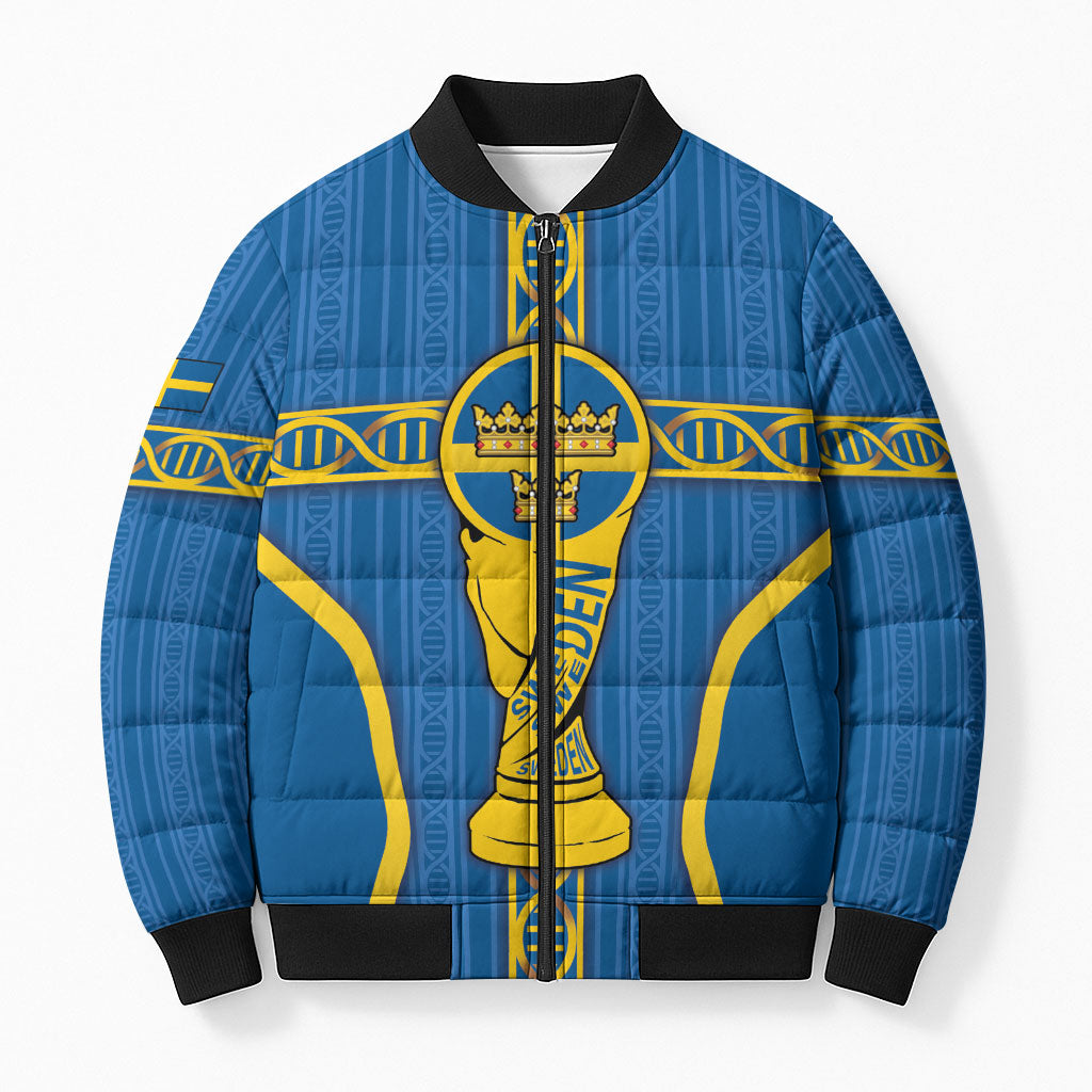 Custom Sweden Football Bomber Puffer Jacket Three Crowns Golden DNA Trophy