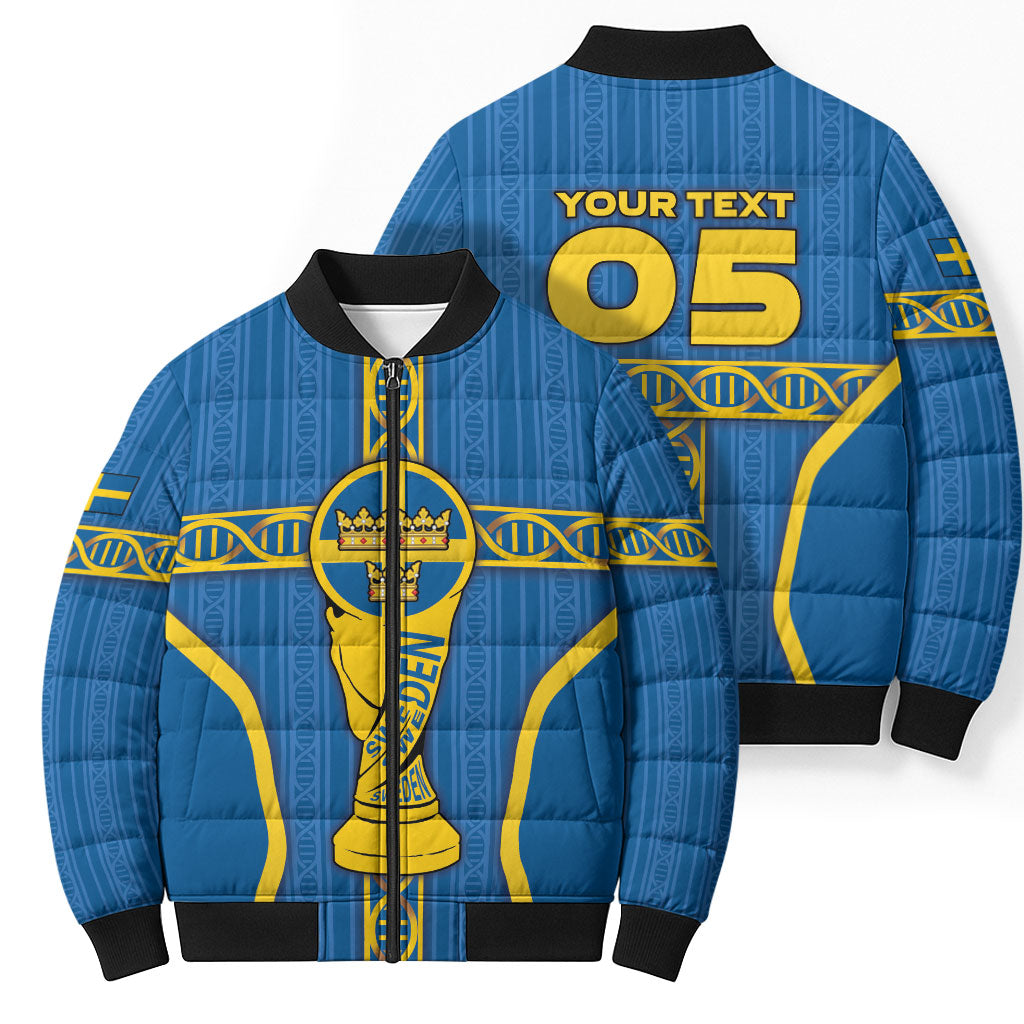 Custom Sweden Football Bomber Puffer Jacket Three Crowns Golden DNA Trophy