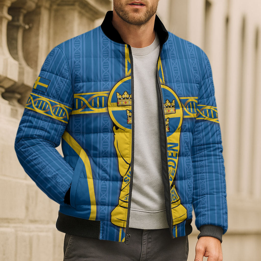 Custom Sweden Football Bomber Puffer Jacket Three Crowns Golden DNA Trophy