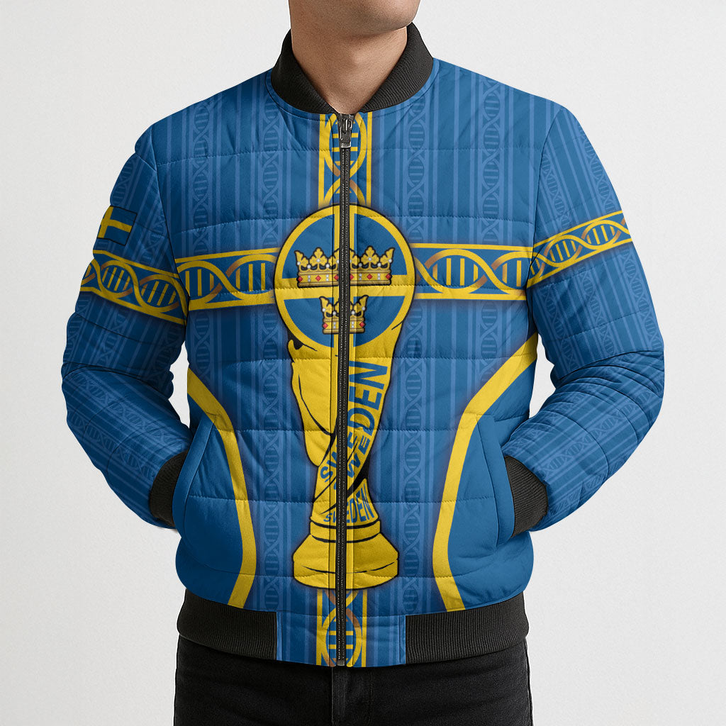 Custom Sweden Football Bomber Puffer Jacket Three Crowns Golden DNA Trophy