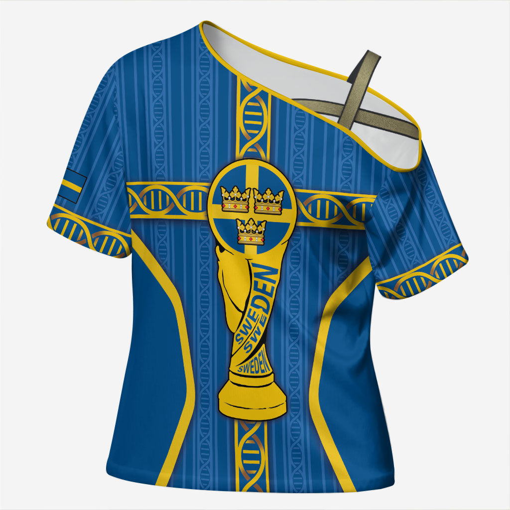 Custom Sweden Football Cross Shoulder Shirt Three Crowns Golden DNA Trophy