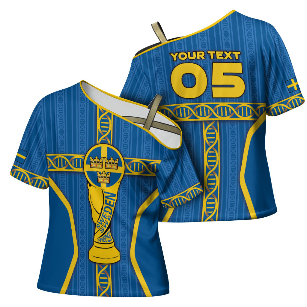 Custom Sweden Football Cross Shoulder Shirt Three Crowns Golden DNA Trophy
