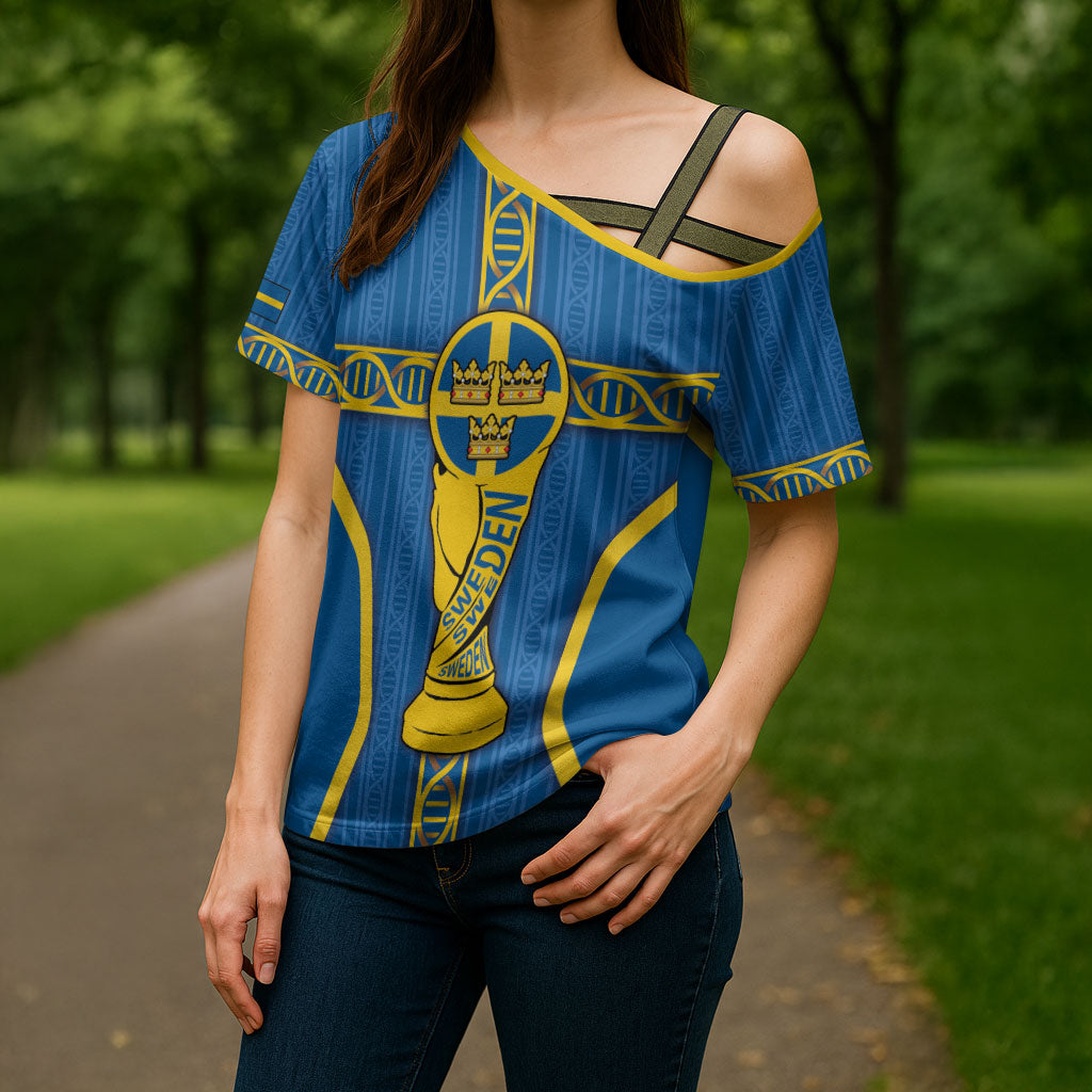Custom Sweden Football Cross Shoulder Shirt Three Crowns Golden DNA Trophy