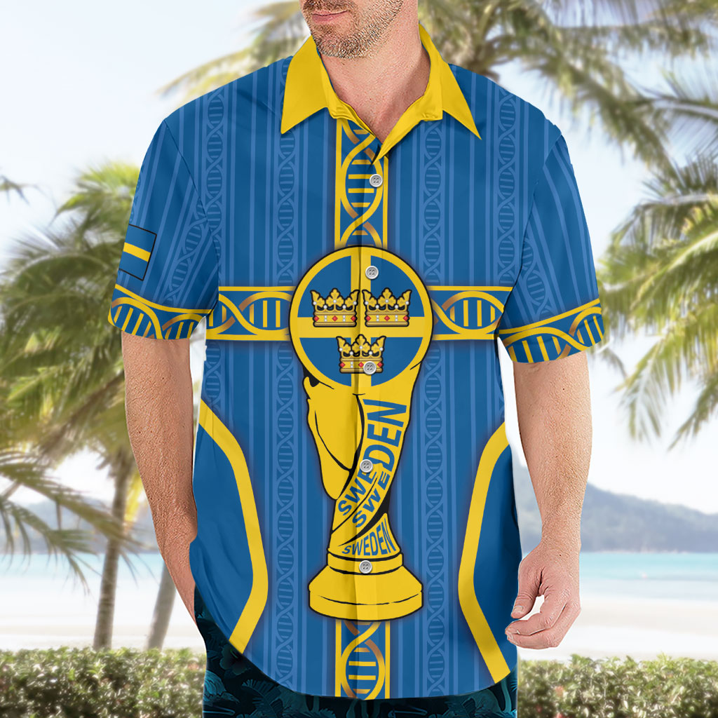 Custom Sweden Football Hawaiian Shirt Three Crowns Golden DNA Trophy