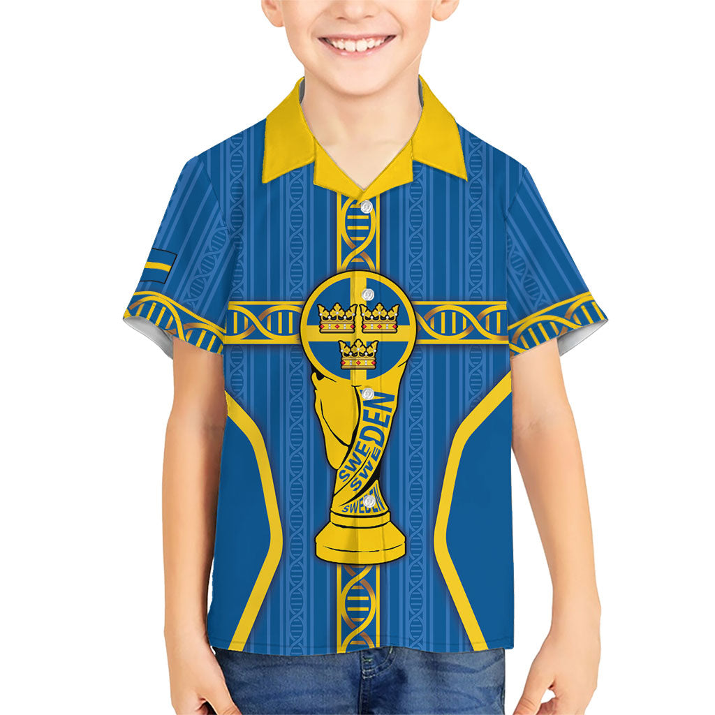 Custom Sweden Football Hawaiian Shirt Three Crowns Golden DNA Trophy