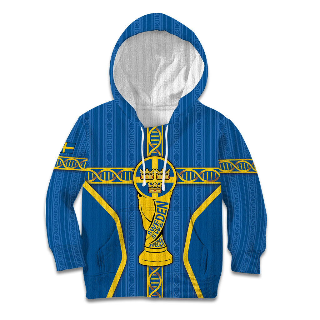 Custom Sweden Football Kid Hoodie Three Crowns Golden DNA Trophy