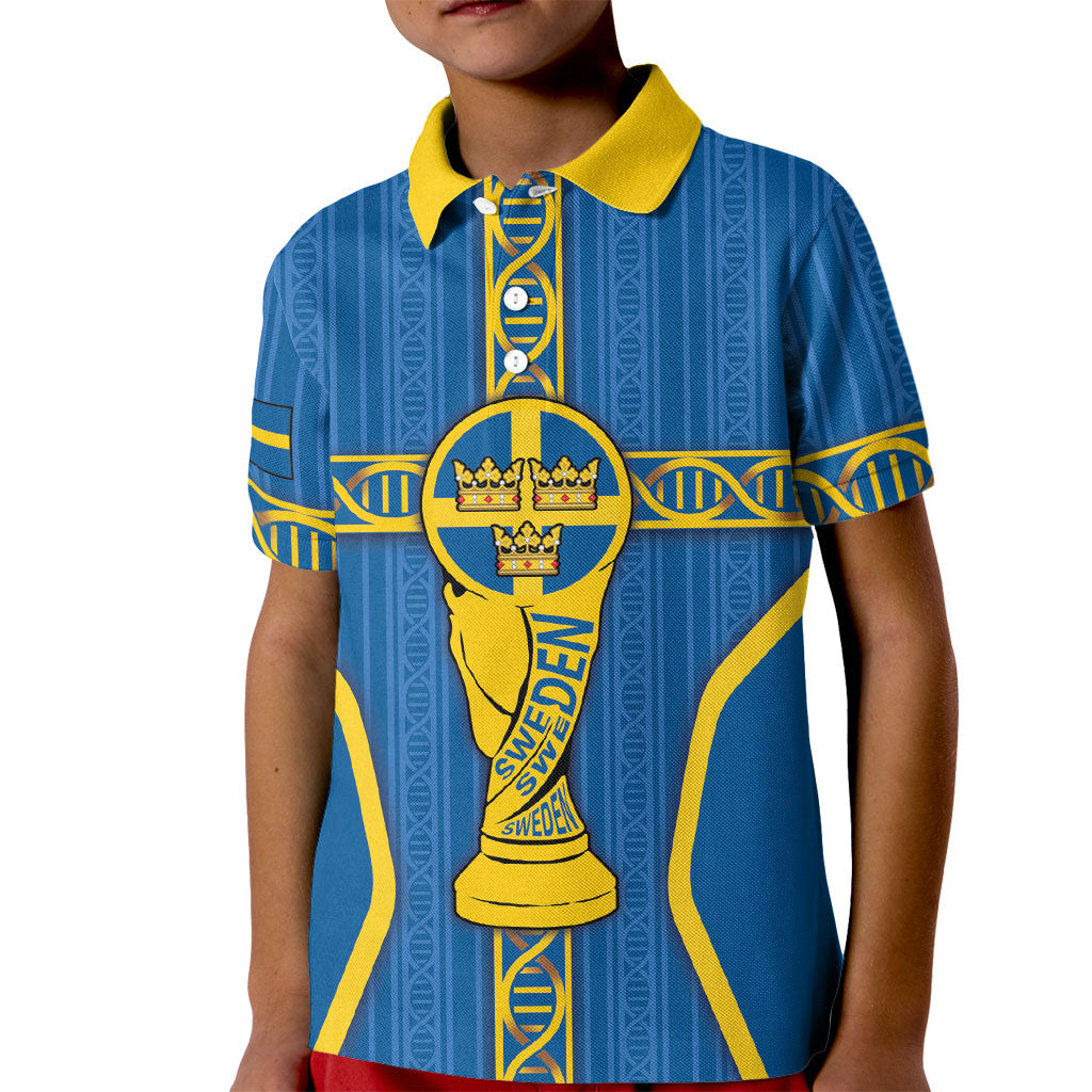 Custom Sweden Football Kid Polo Shirt Three Crowns Golden DNA Trophy
