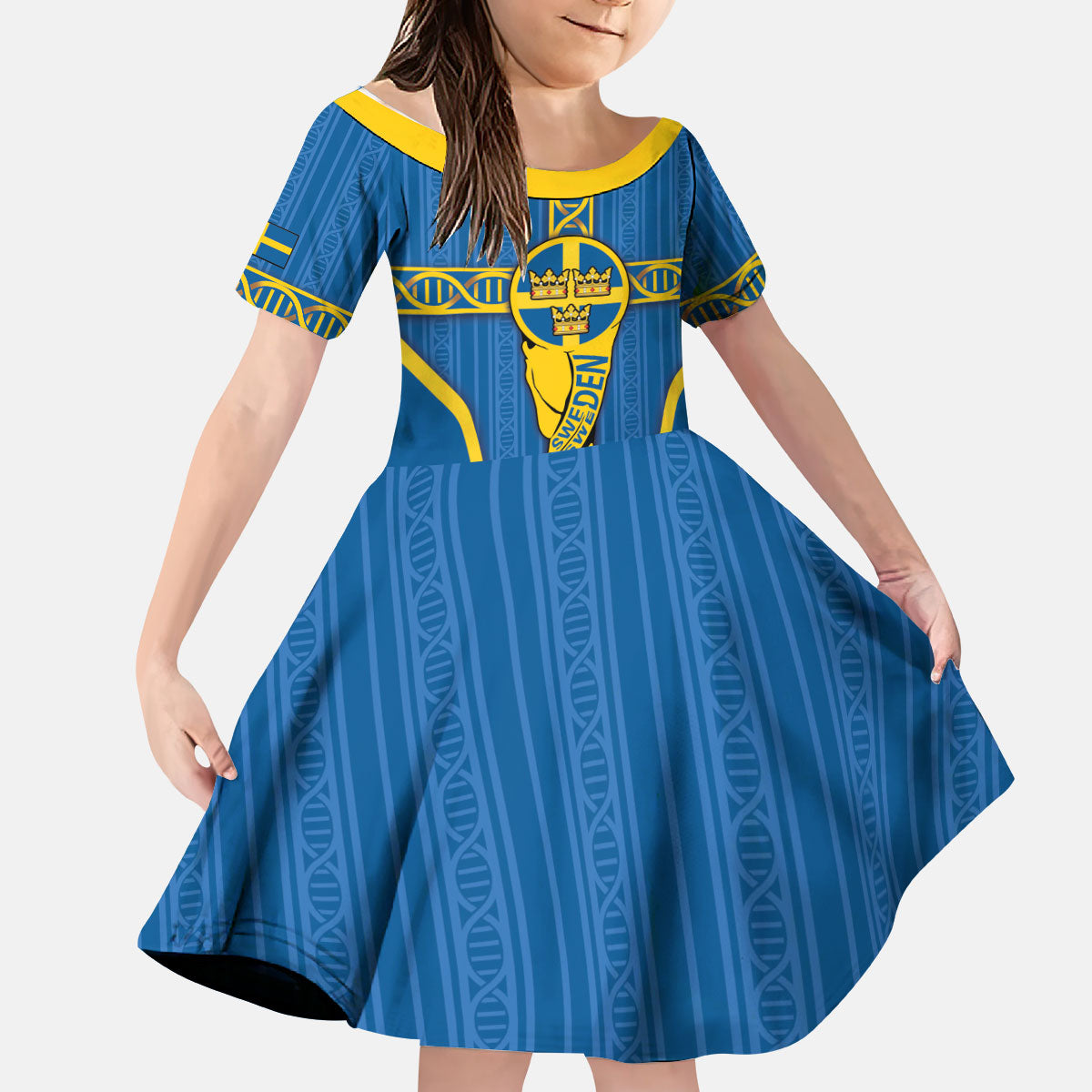 Custom Sweden Football Kid Short Sleeve Dress Three Crowns Golden DNA Trophy