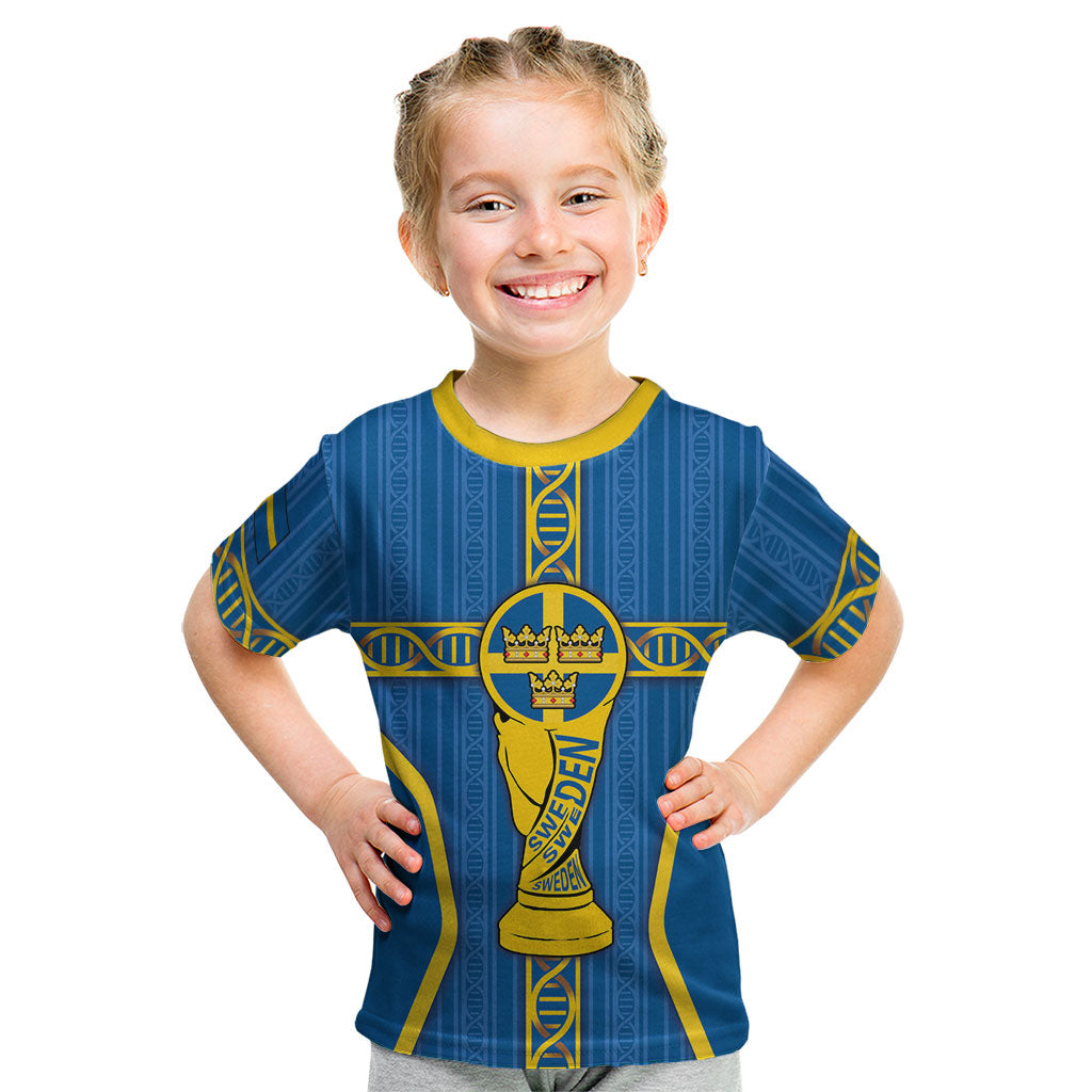 Custom Sweden Football Kid T Shirt Three Crowns Golden DNA Trophy