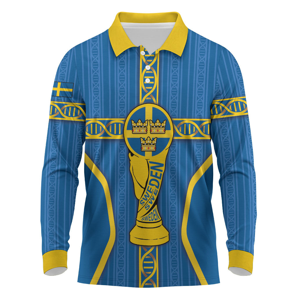 Custom Sweden Football Long Sleeve Polo Shirt Three Crowns Golden DNA Trophy