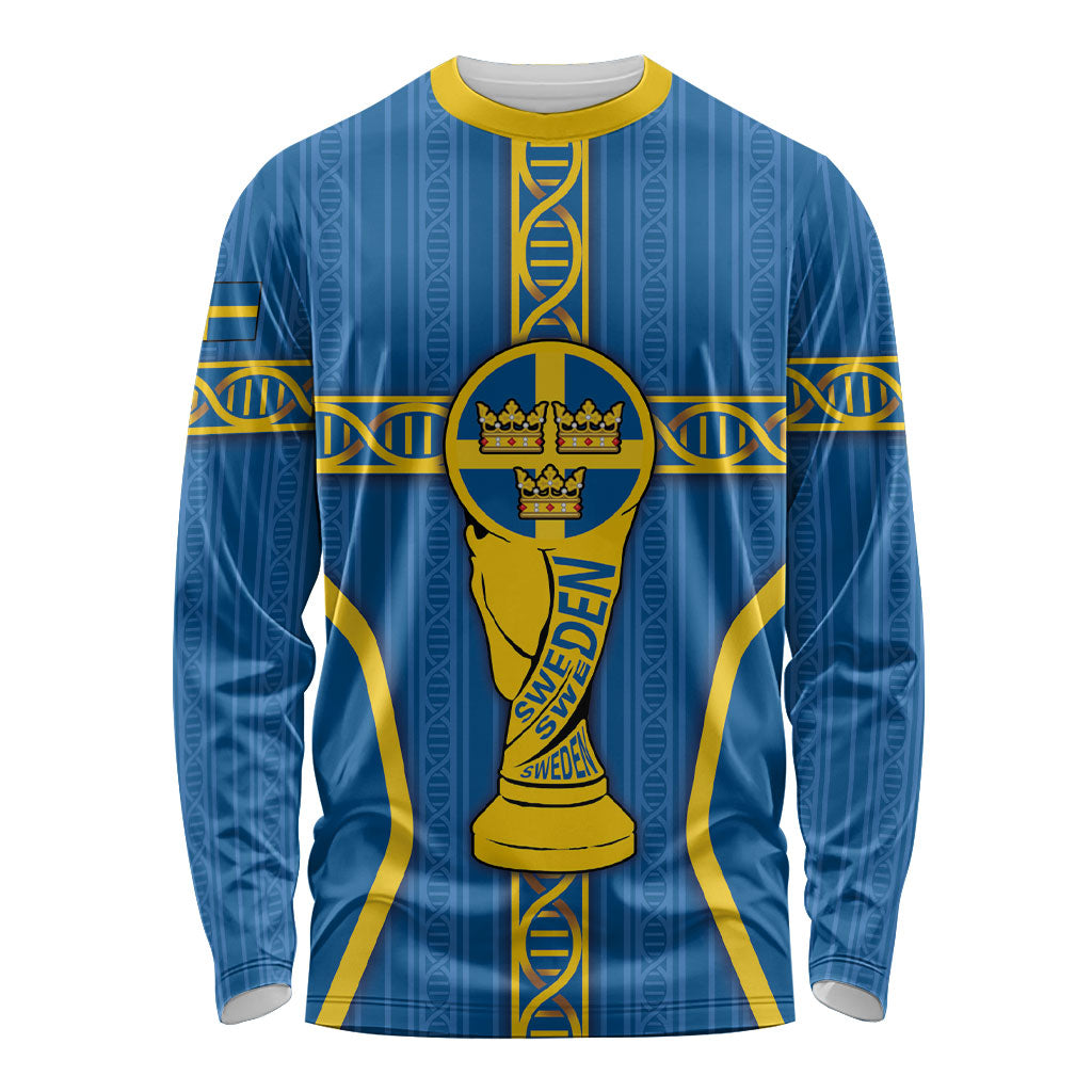 Custom Sweden Football Long Sleeve Shirt Three Crowns Golden DNA Trophy