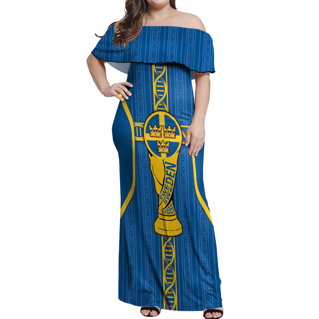 Custom Sweden Football Off Shoulder Maxi Dress Three Crowns Golden DNA Trophy