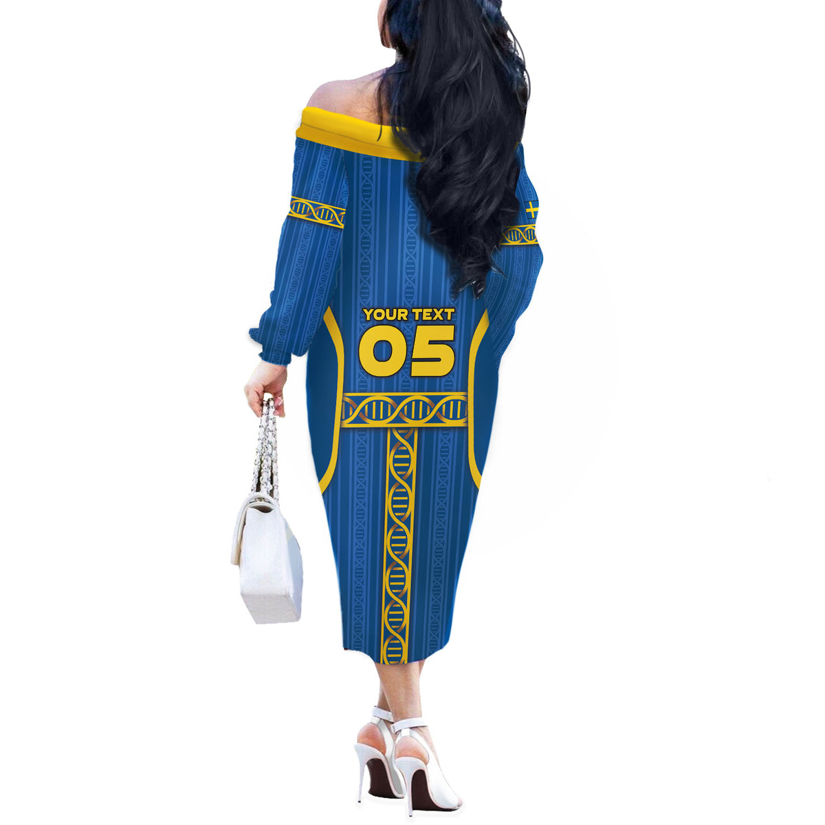 Custom Sweden Football Off The Shoulder Long Sleeve Dress Three Crowns Golden DNA Trophy