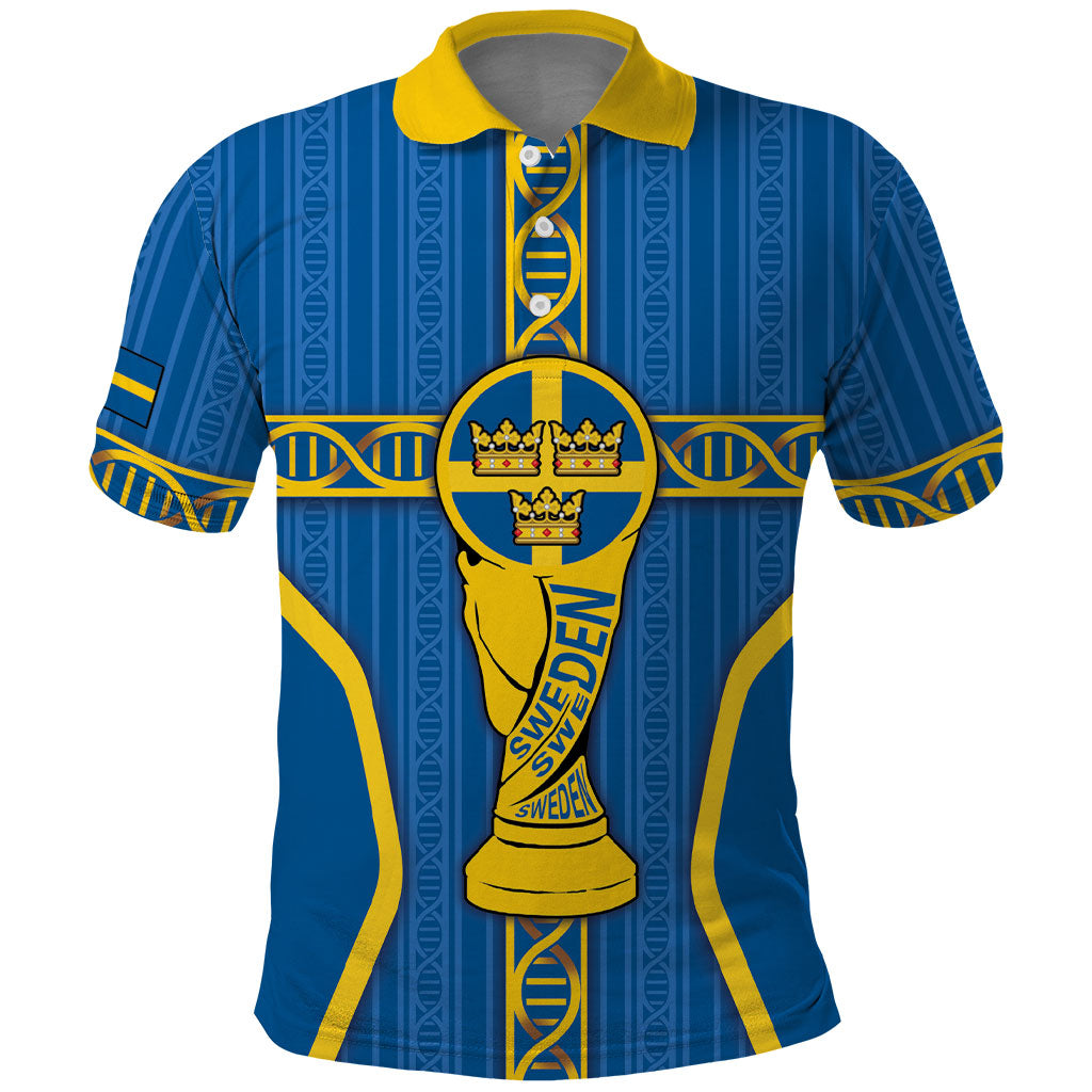 Custom Sweden Football Polo Shirt Three Crowns Golden DNA Trophy