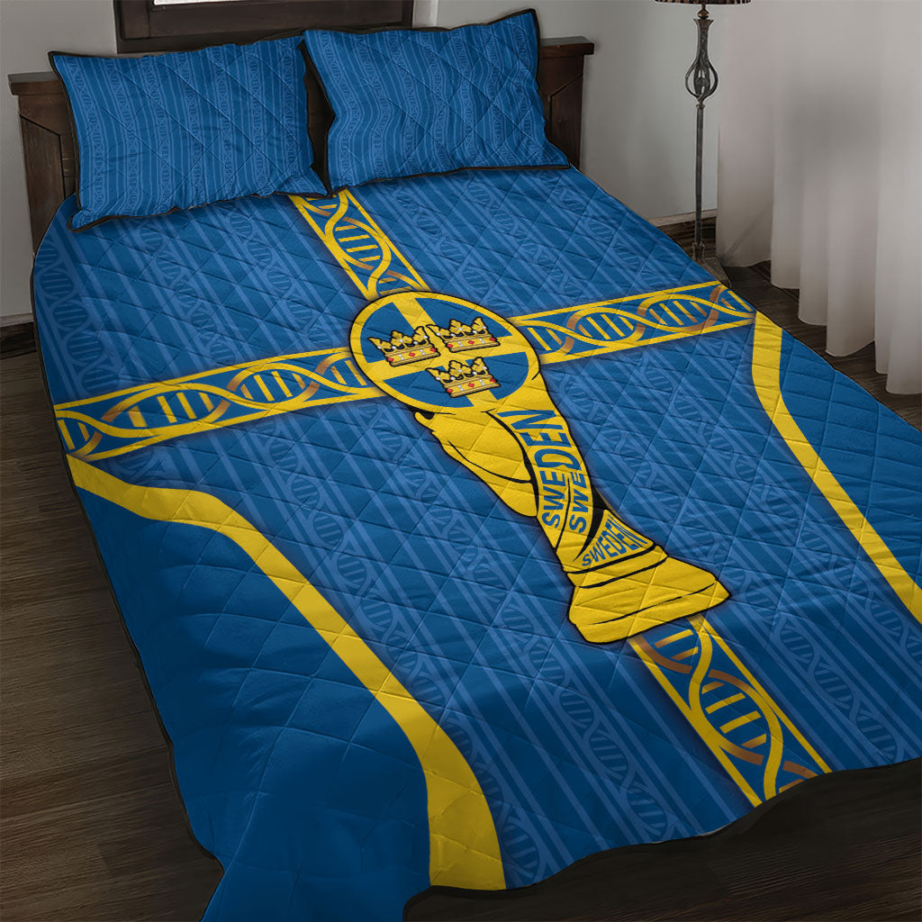 Sweden Football Quilt Bed Set Three Crowns Golden DNA Trophy