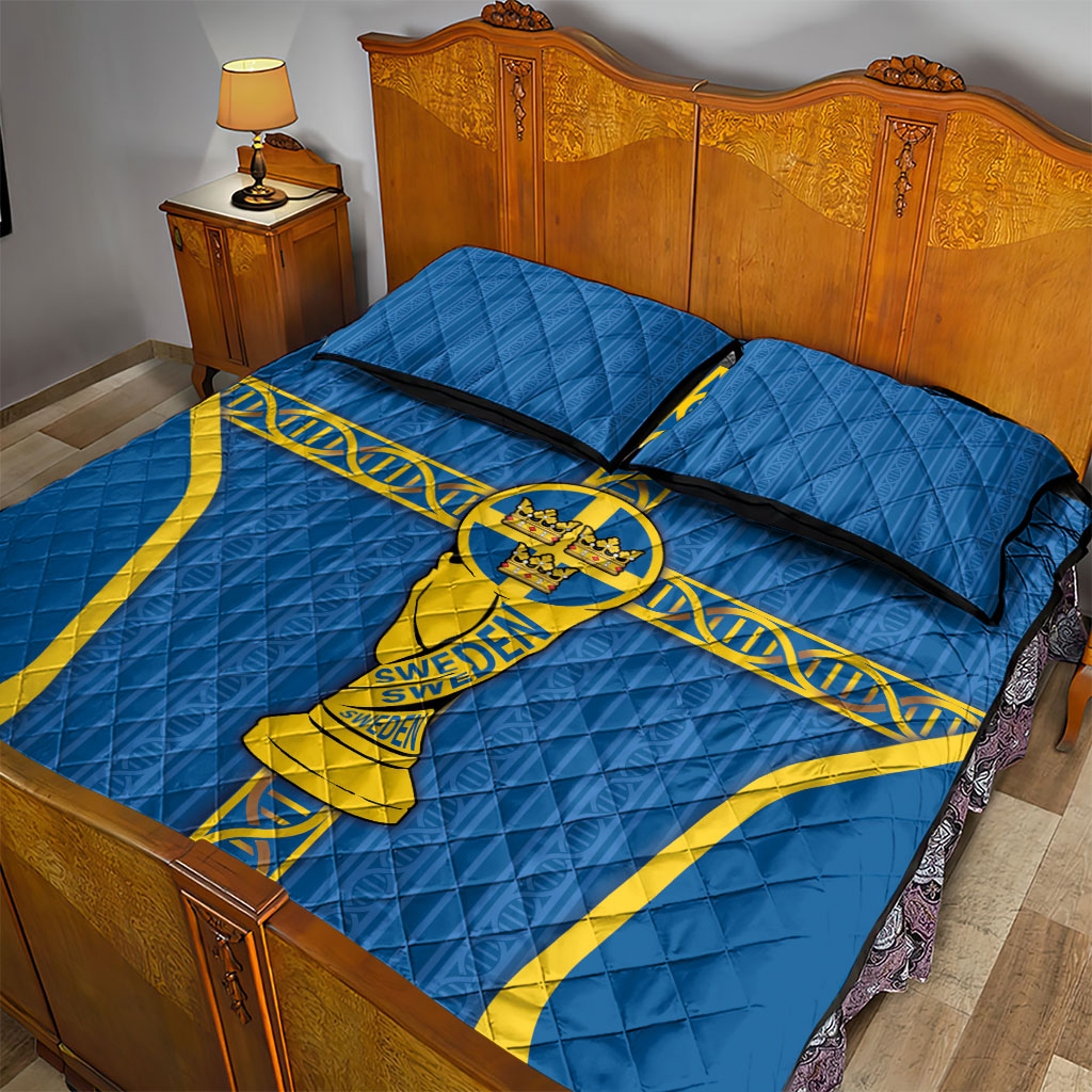 Sweden Football Quilt Bed Set Three Crowns Golden DNA Trophy