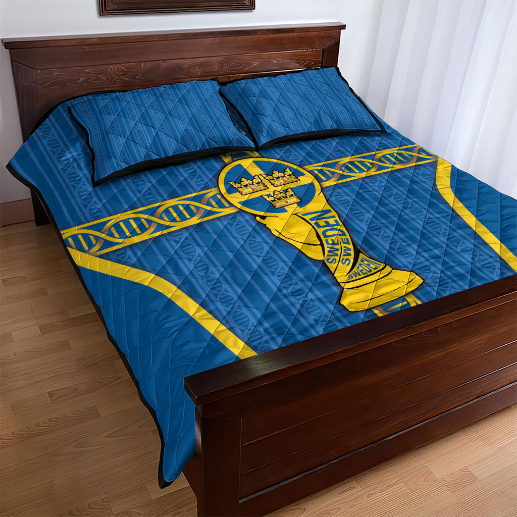 Sweden Football Quilt Bed Set Three Crowns Golden DNA Trophy