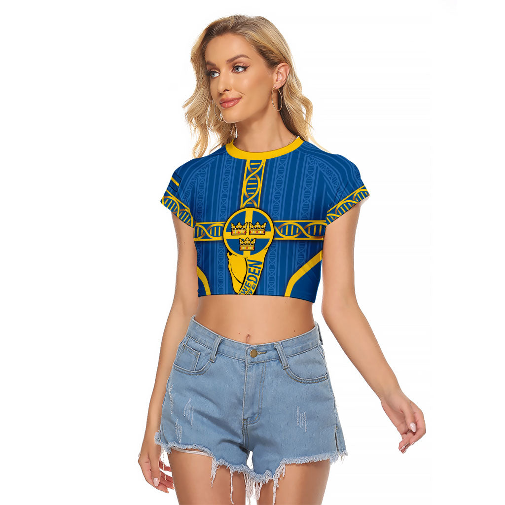 Custom Sweden Football Raglan Cropped T Shirt Three Crowns Golden DNA Trophy