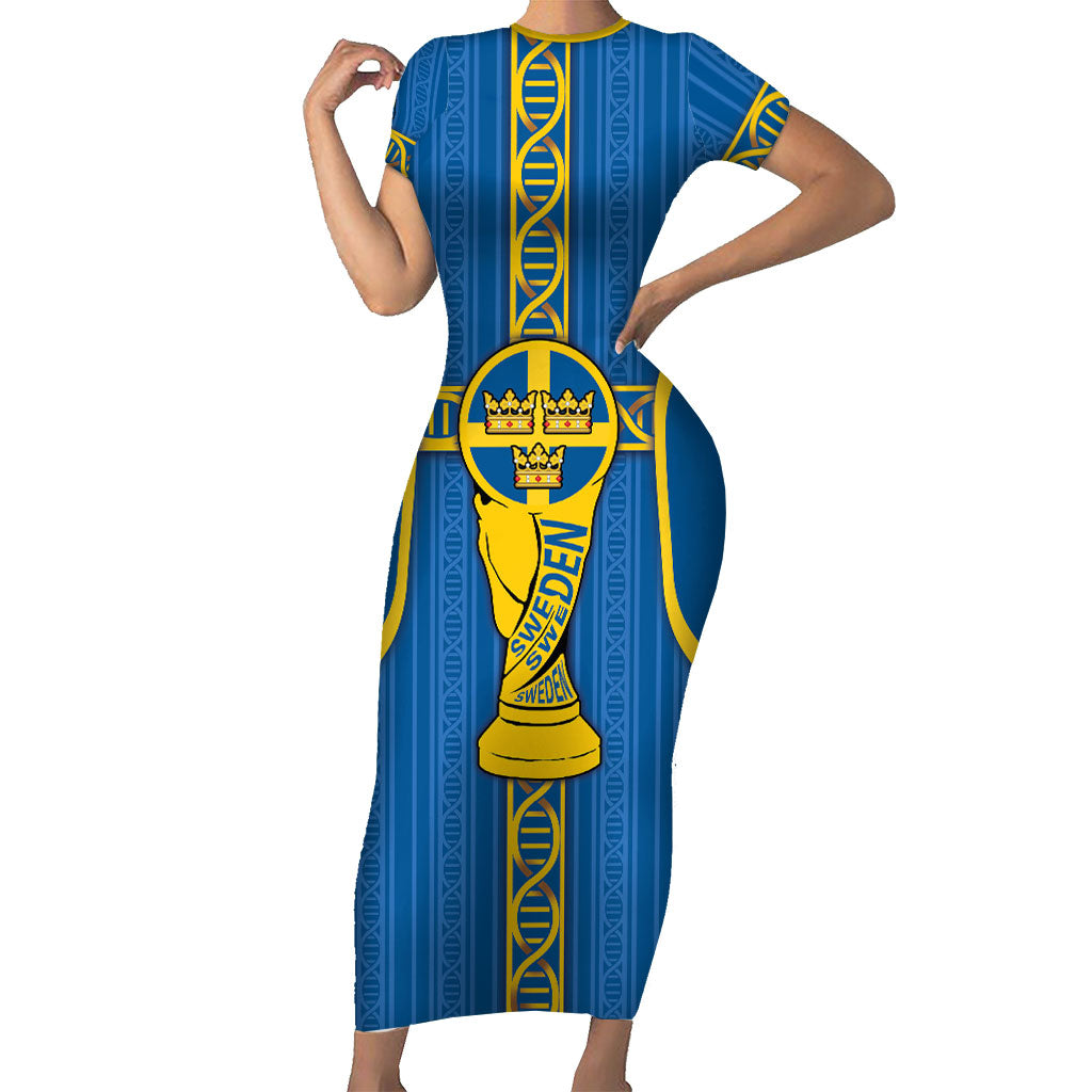 Custom Sweden Football Short Sleeve Bodycon Dress Three Crowns Golden DNA Trophy