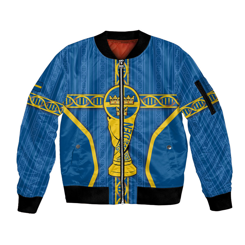 Custom Sweden Football Sleeve Zip Bomber Jacket Three Crowns Golden DNA Trophy