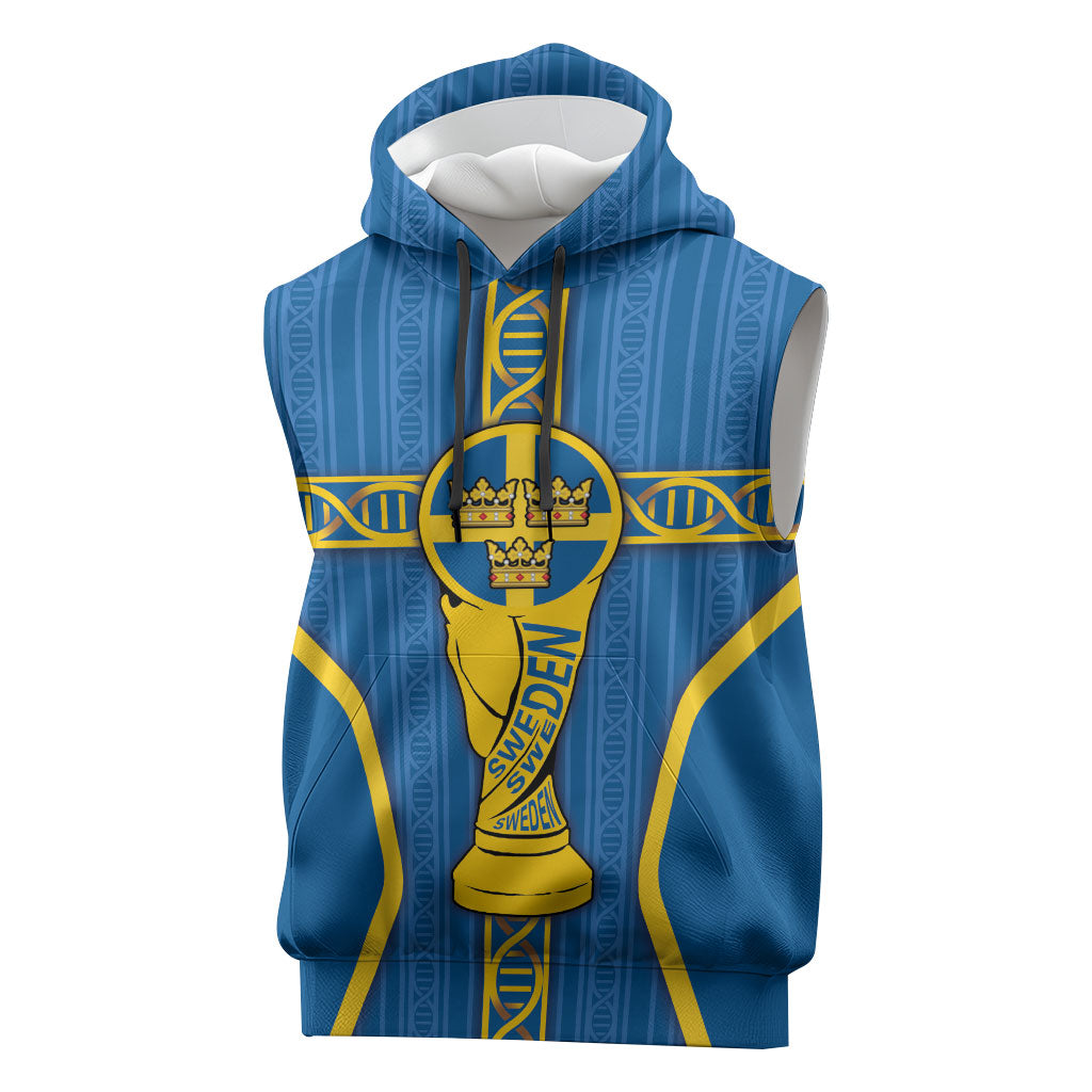 Custom Sweden Football Sleeveless Hoodie Three Crowns Golden DNA Trophy