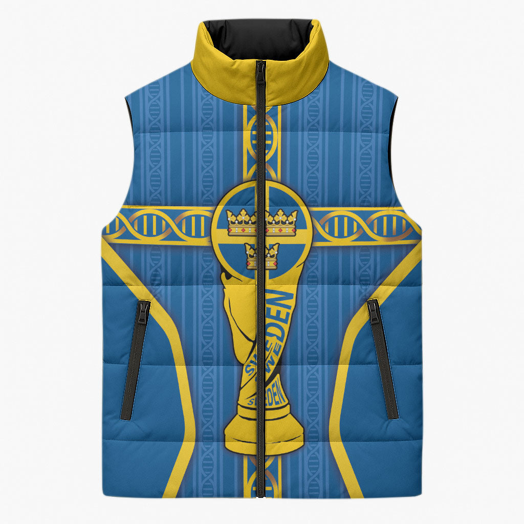 Custom Sweden Football Sleeveless Puffer Jacket Three Crowns Golden DNA Trophy