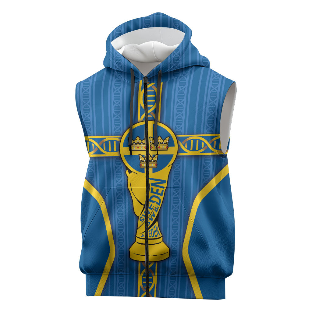 Custom Sweden Football Sleeveless Zip Hoodie Three Crowns Golden DNA Trophy