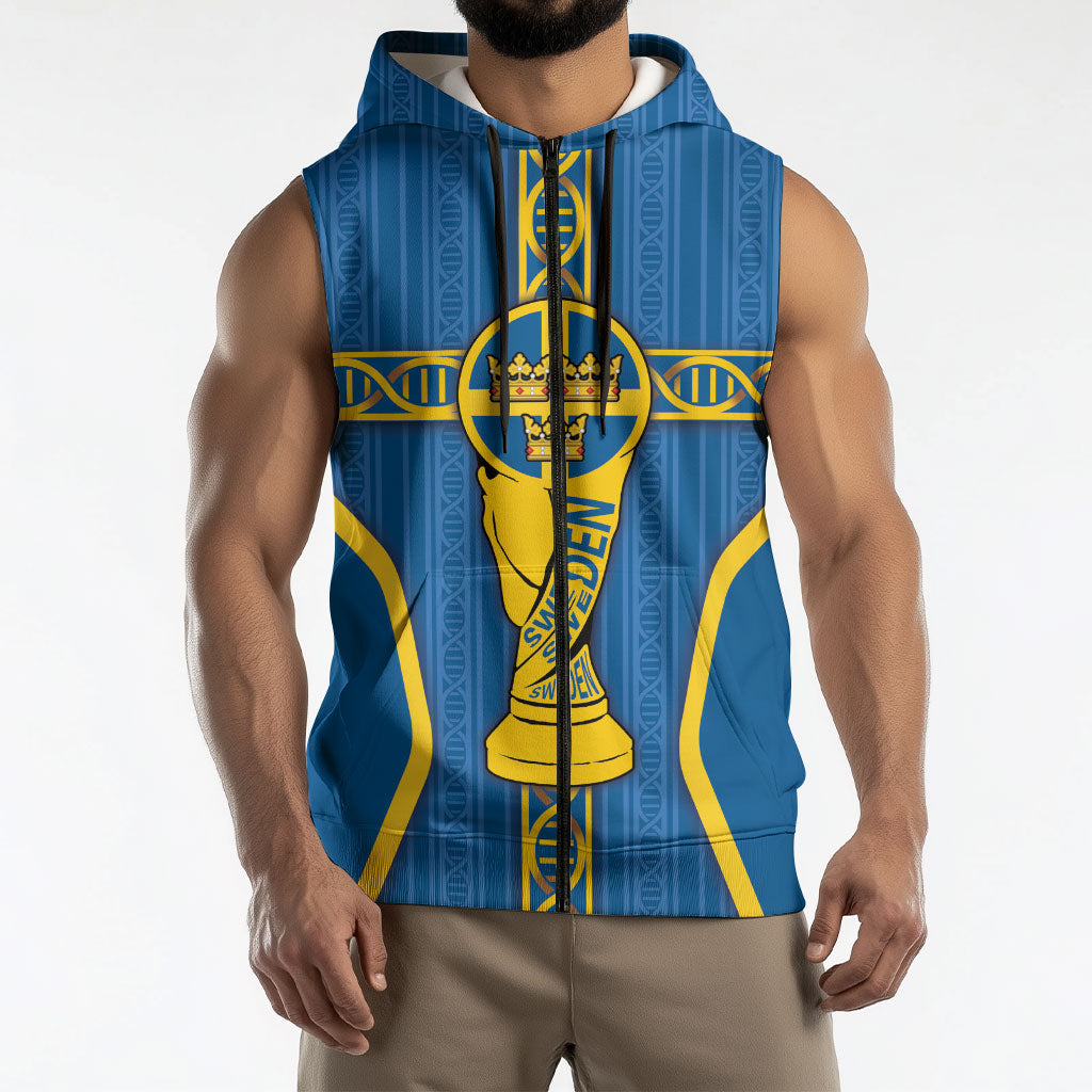 Custom Sweden Football Sleeveless Zip Hoodie Three Crowns Golden DNA Trophy