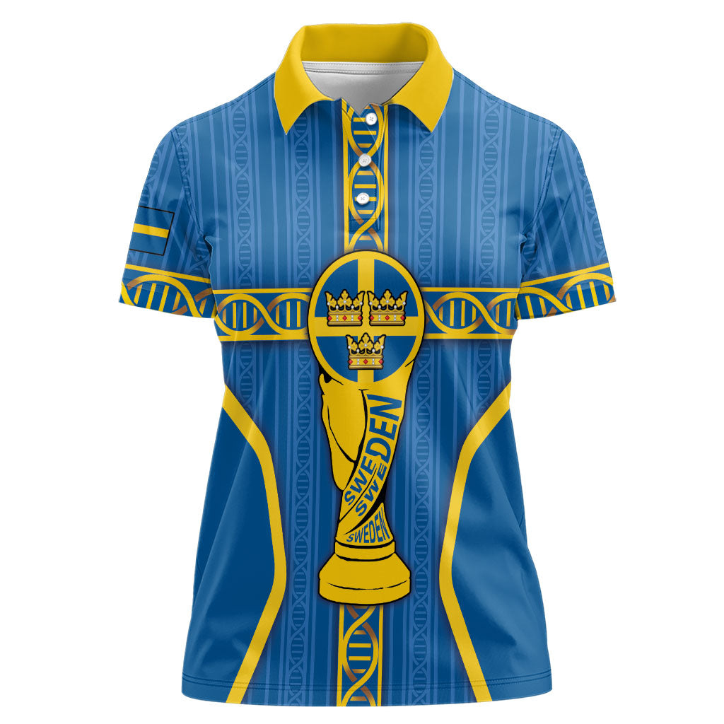 Custom Sweden Football Women Polo Shirt Three Crowns Golden DNA Trophy