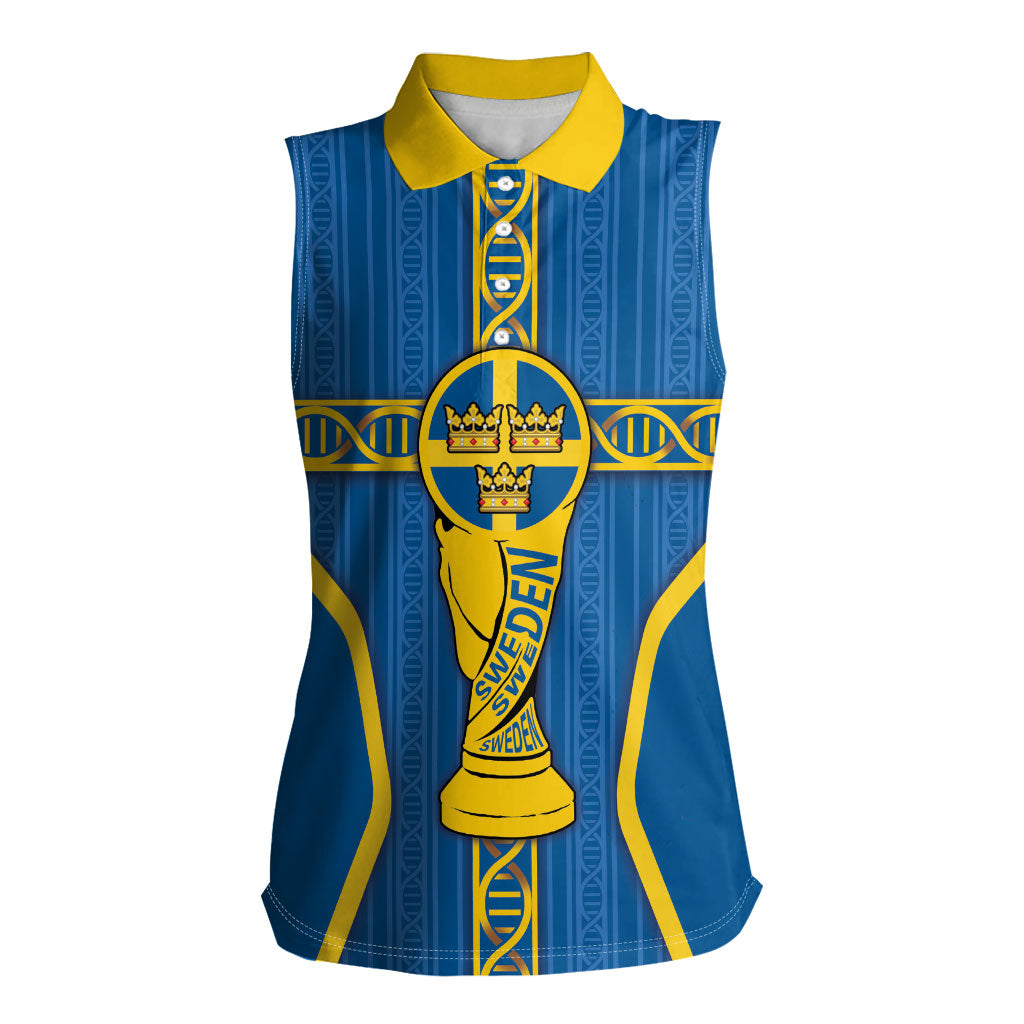 Custom Sweden Football Women Sleeveless Polo Shirt Three Crowns Golden DNA Trophy