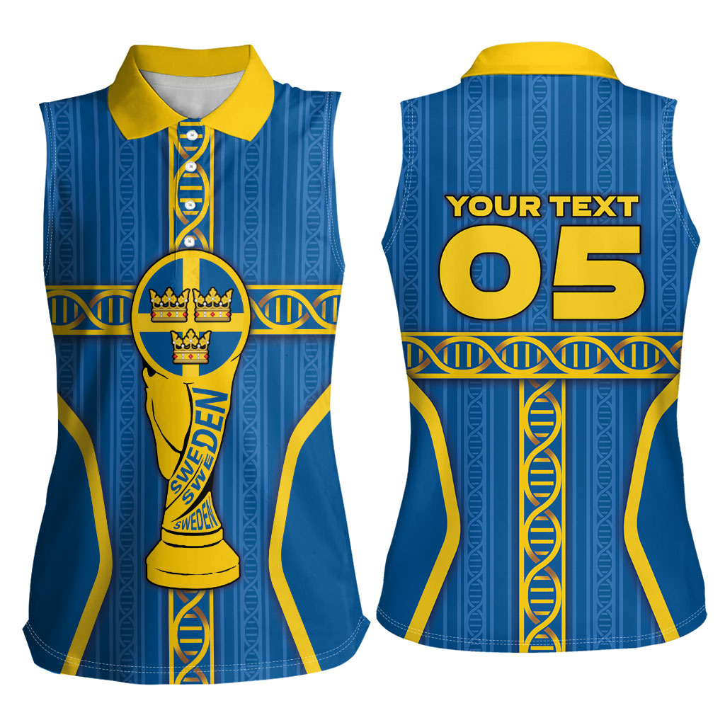 Custom Sweden Football Women Sleeveless Polo Shirt Three Crowns Golden DNA Trophy