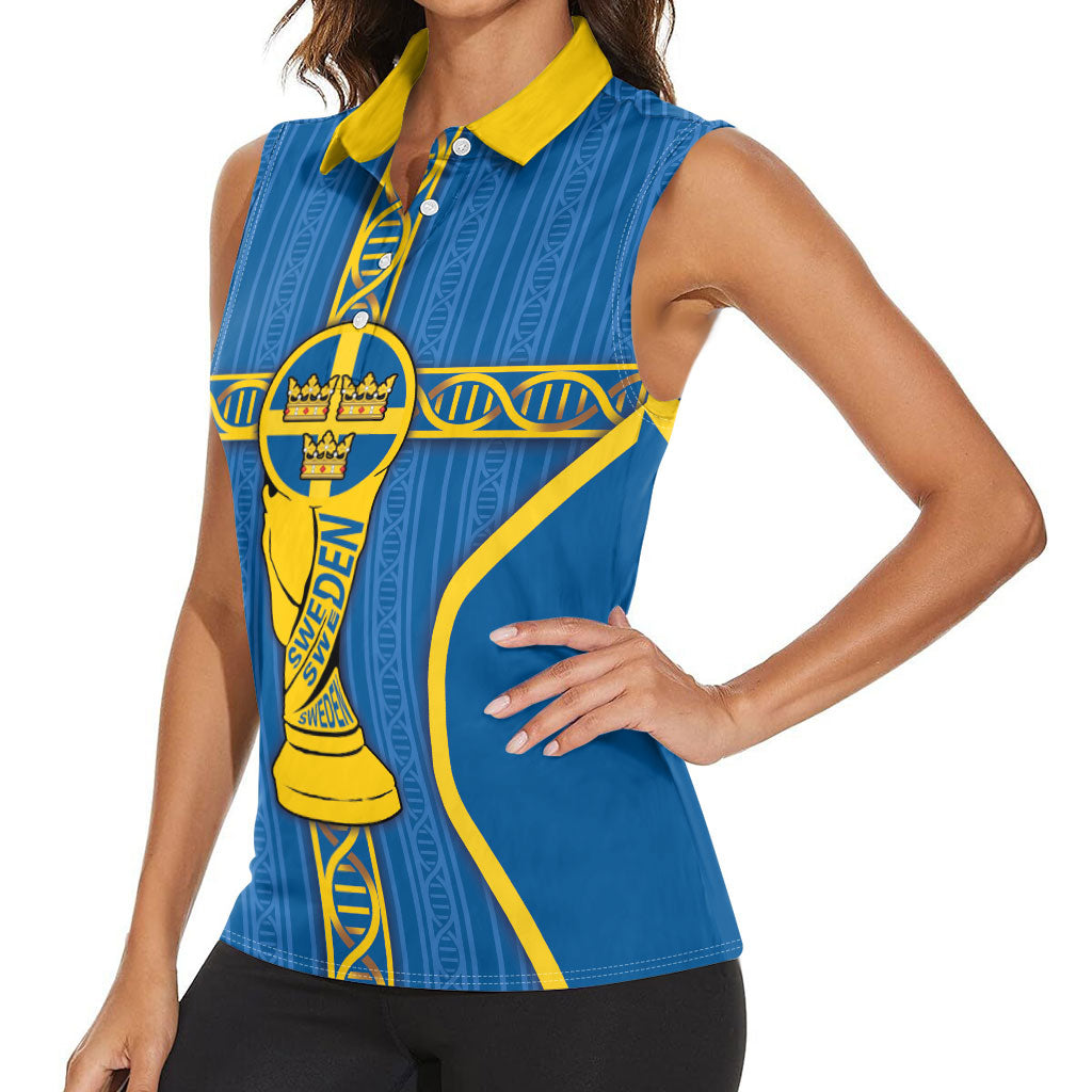 Custom Sweden Football Women Sleeveless Polo Shirt Three Crowns Golden DNA Trophy