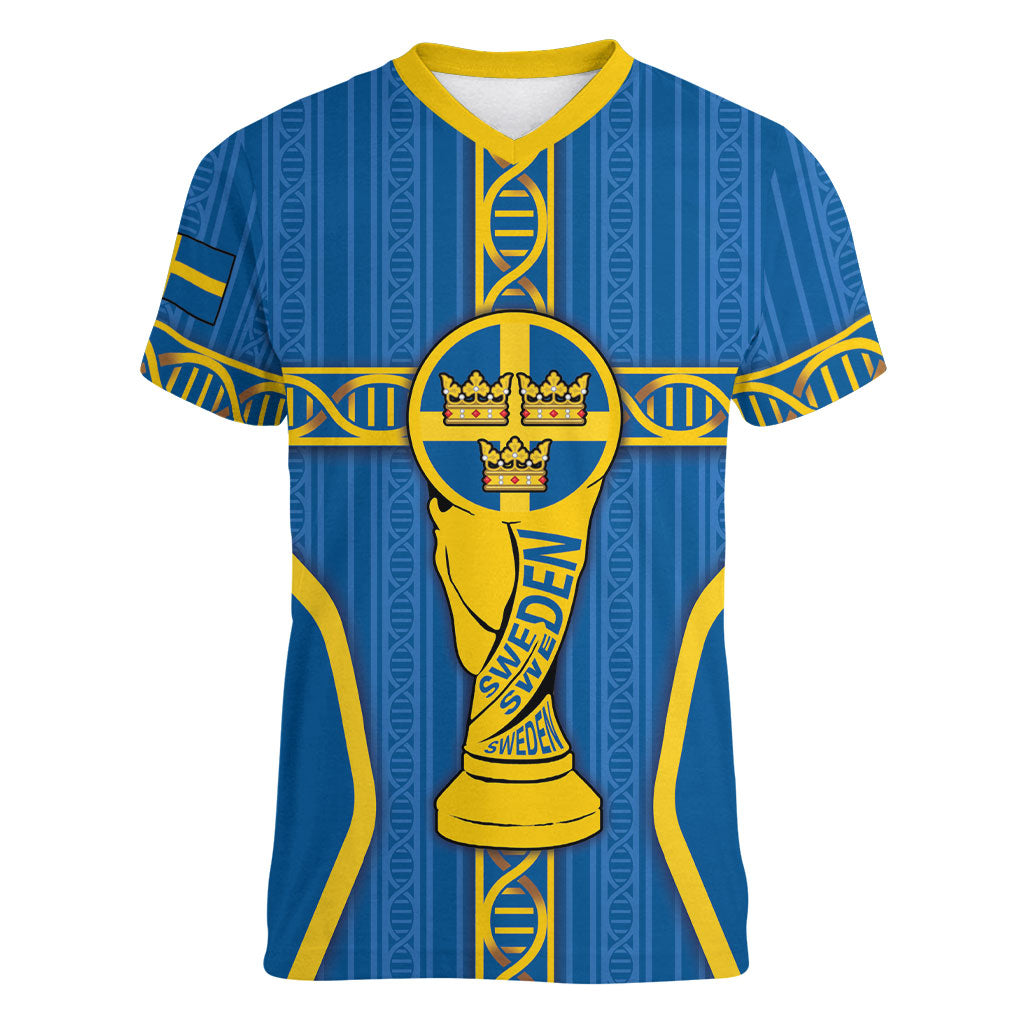 Custom Sweden Football Women V-Neck T-Shirt Three Crowns Golden DNA Trophy